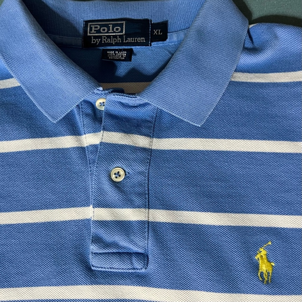 Polo Ralph Lauren size XL s/s cotton shirt, blue & white stripes, yellow logo